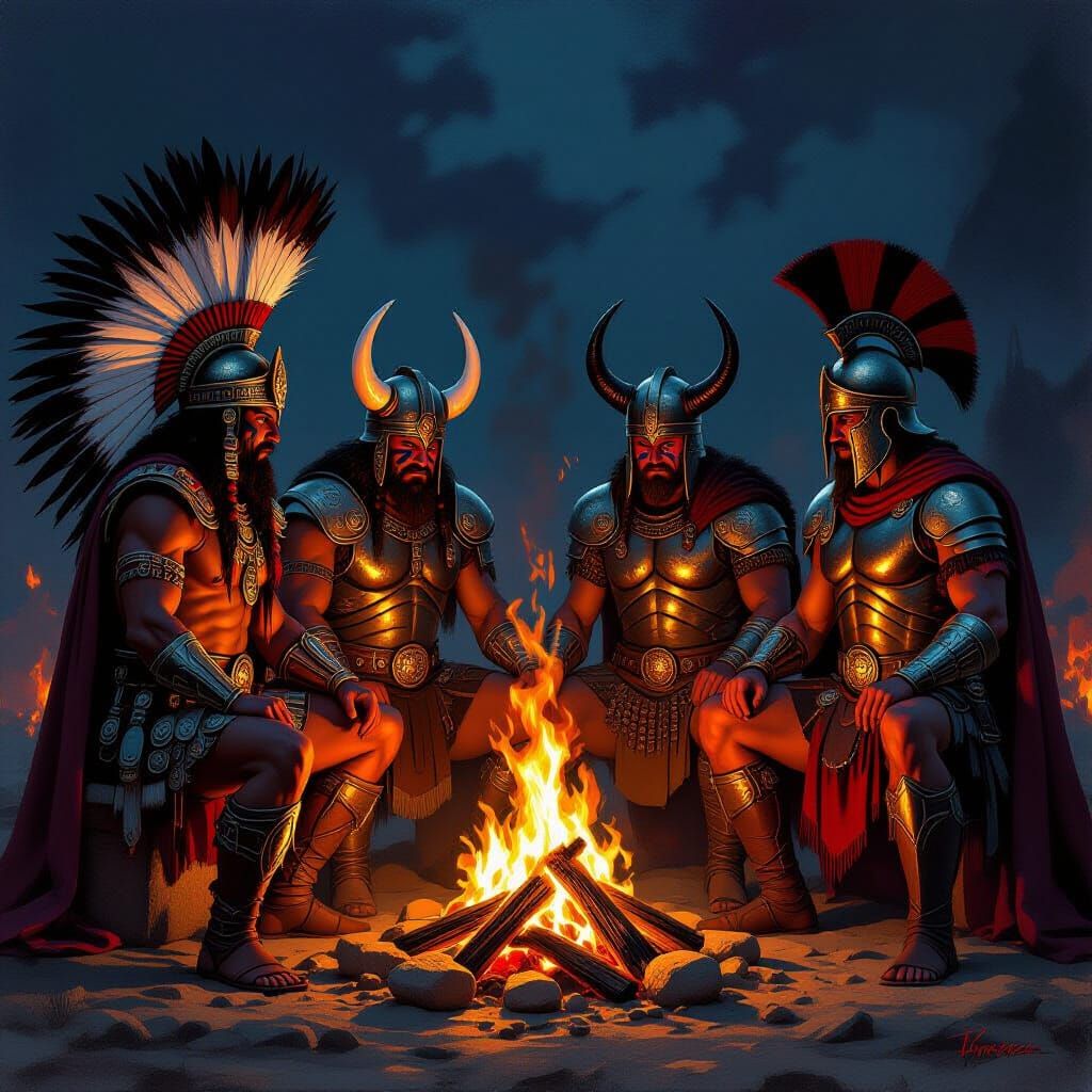 Diverse Warriors Gather Around Bonfire in Epic Fantasy Style