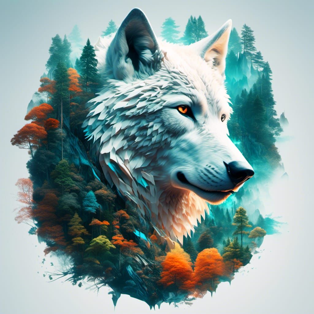 Wolf and Rainforest Double Exposure in Hyperreal Style