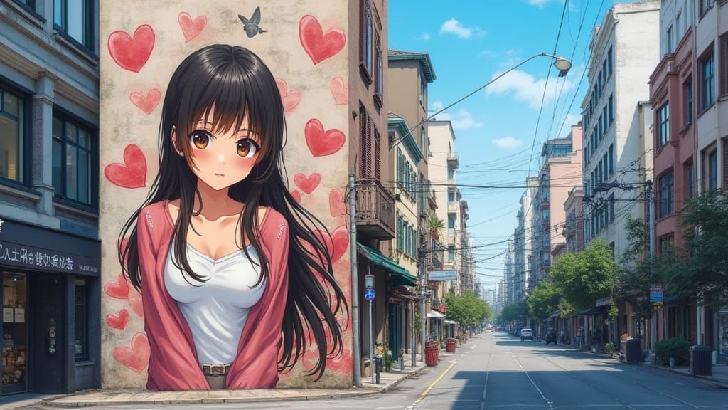 Anime Woman Portrait on City Wall in Airbrush Style
