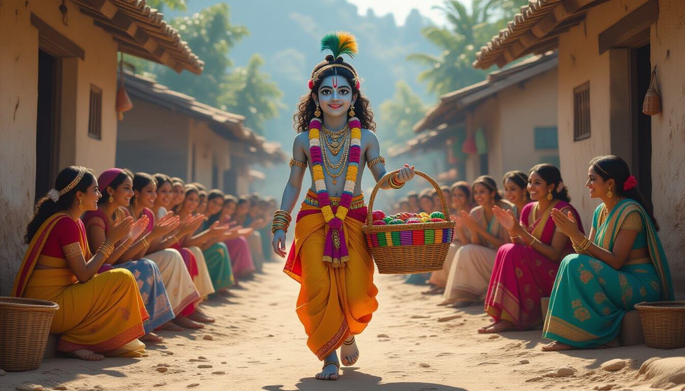 Young Krishna as Bangle Seller in Fantastical Matte Painting