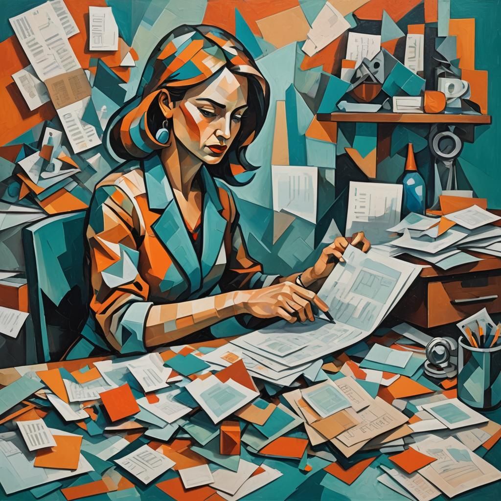 Geometric Woman at Desk: Cubist Art Deco Painting