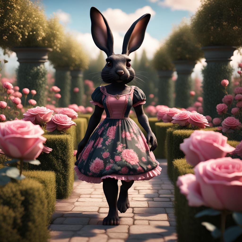 Pink and Black Rabbit in Rose Garden