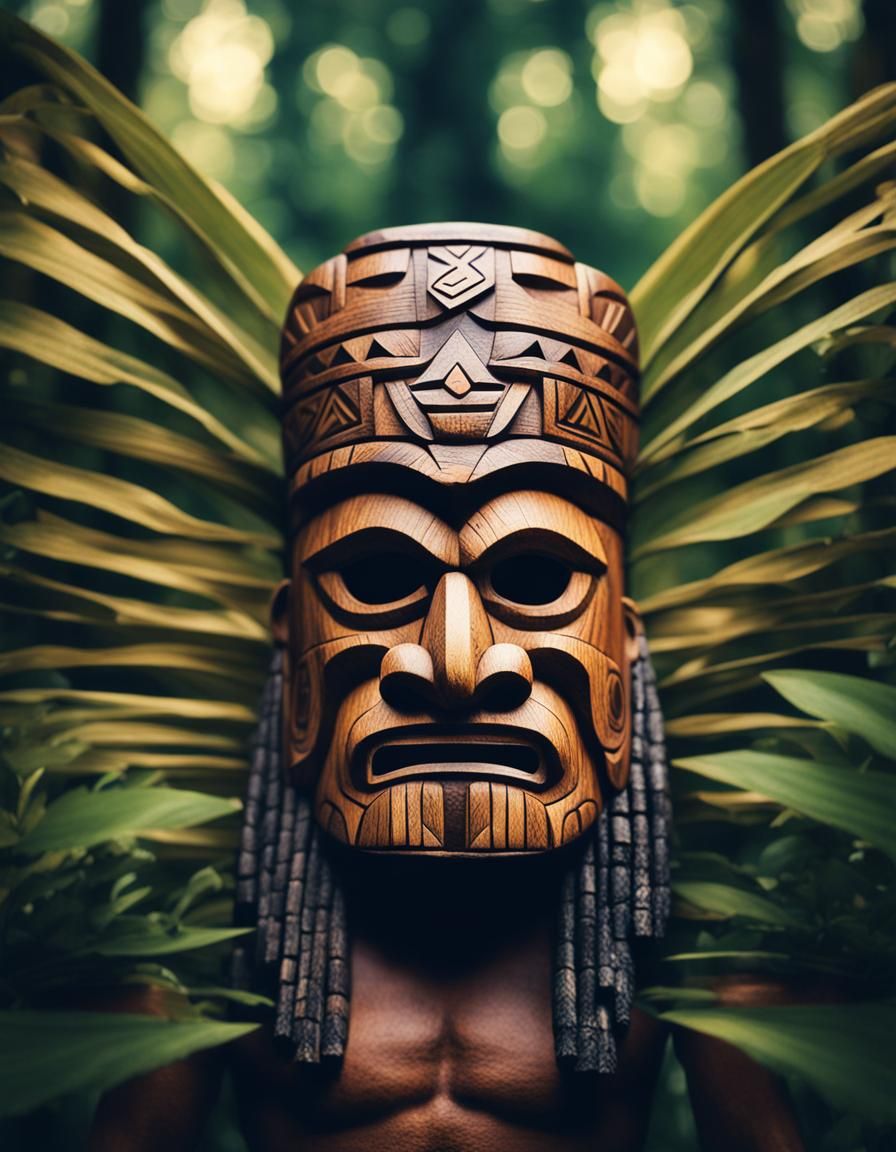 Aztec Tribesman with Wooden Tiki Mask