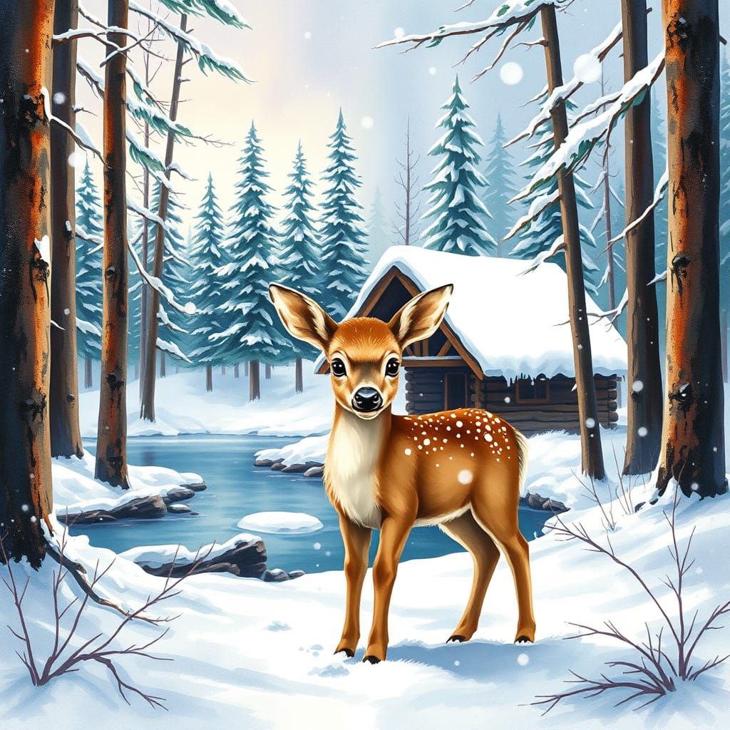 Winter Wonderland with Baby Deer in a Snowy Forest Scene