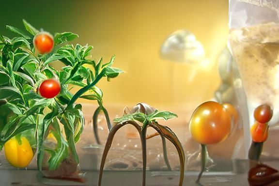 Hyperrealistic Tomato Plant and Mushrooms