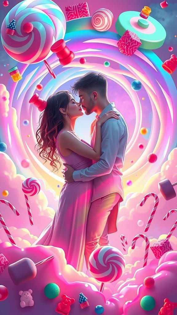 Sweet Embrace: Couple's Kiss in a Candy Cloud