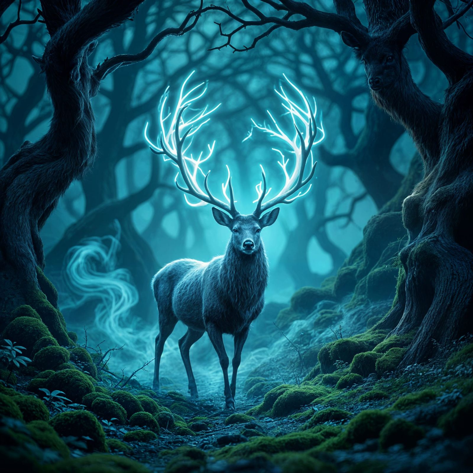 Mystical Deer With Glowing Antlers In Dark Forest
