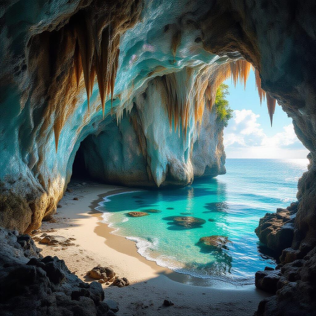 Hyper-Realistic Cave Interior with Sparkling Lake and Ocean ...