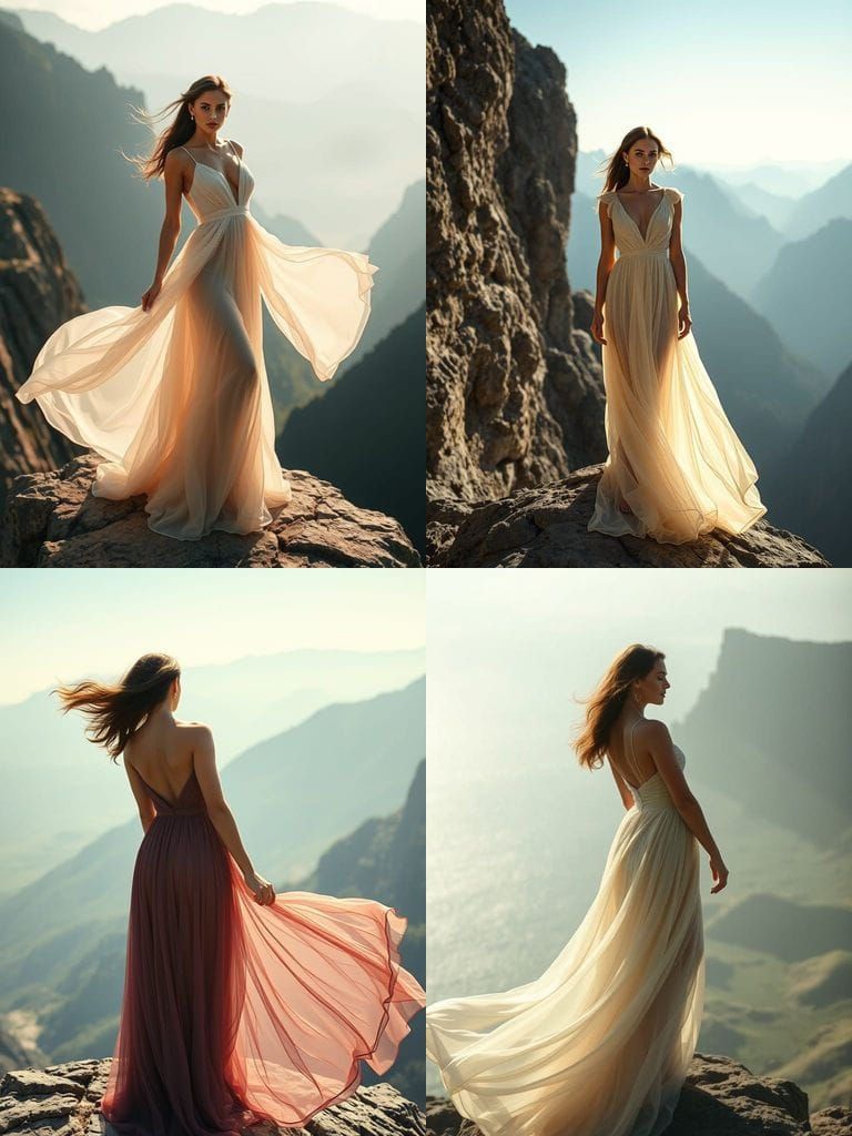 Ethereal Woman in Flowing Gown on Cliff