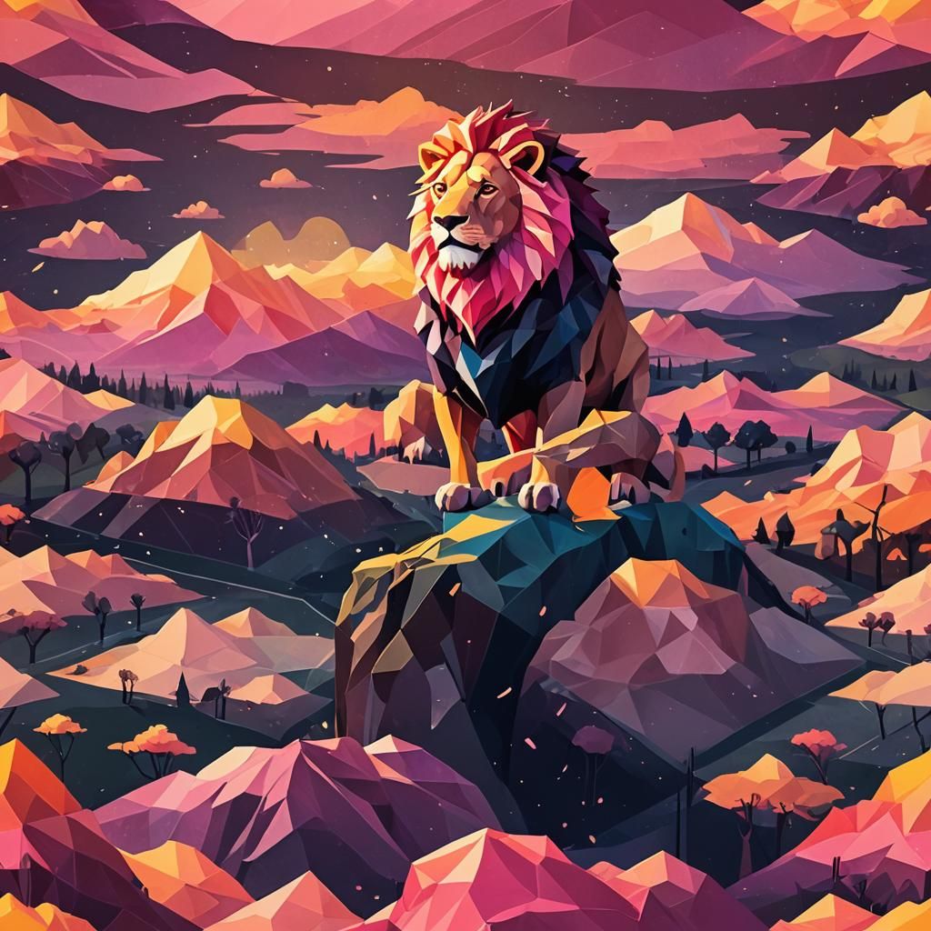 Low Poly Lion Silhouette in Sunset, 3D Anime Art