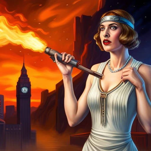 Woman Screaming into Blowtorch with Dinosaurs