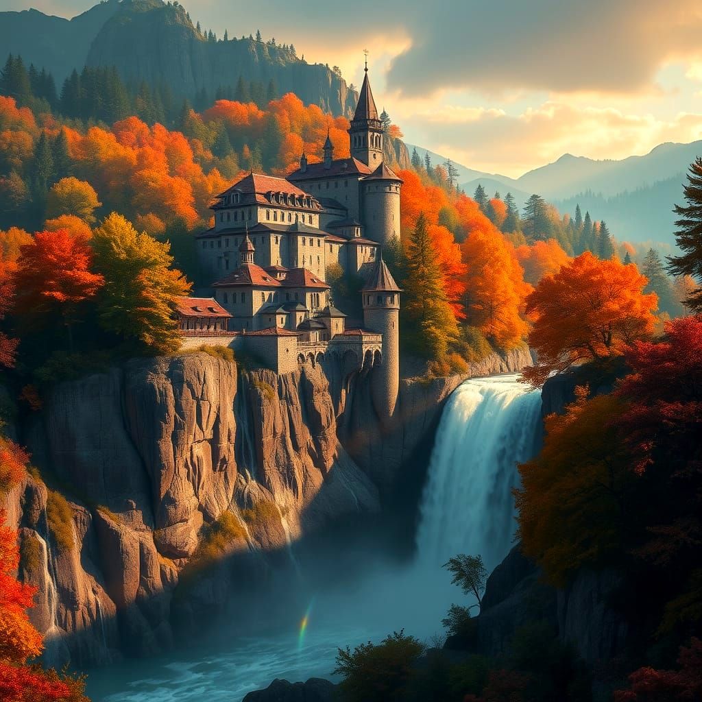 Autumn Monastery Waterfall with Rainbows