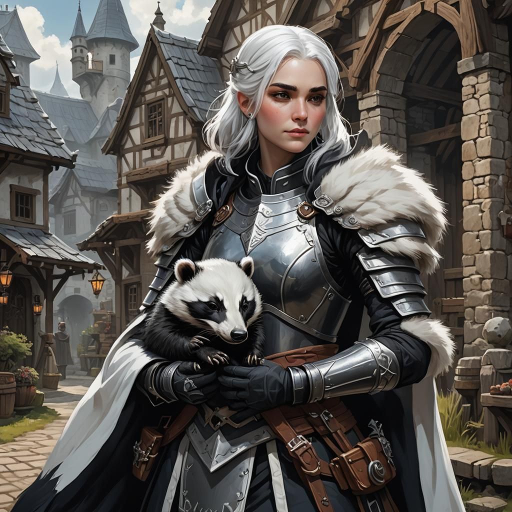 Aasimar Cleric with Badger in Fantasy Village