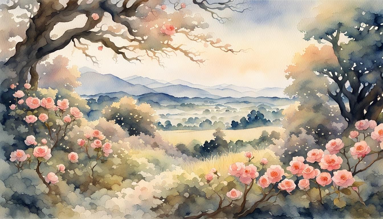 Anime Landscape with Roses in Watercolor Style