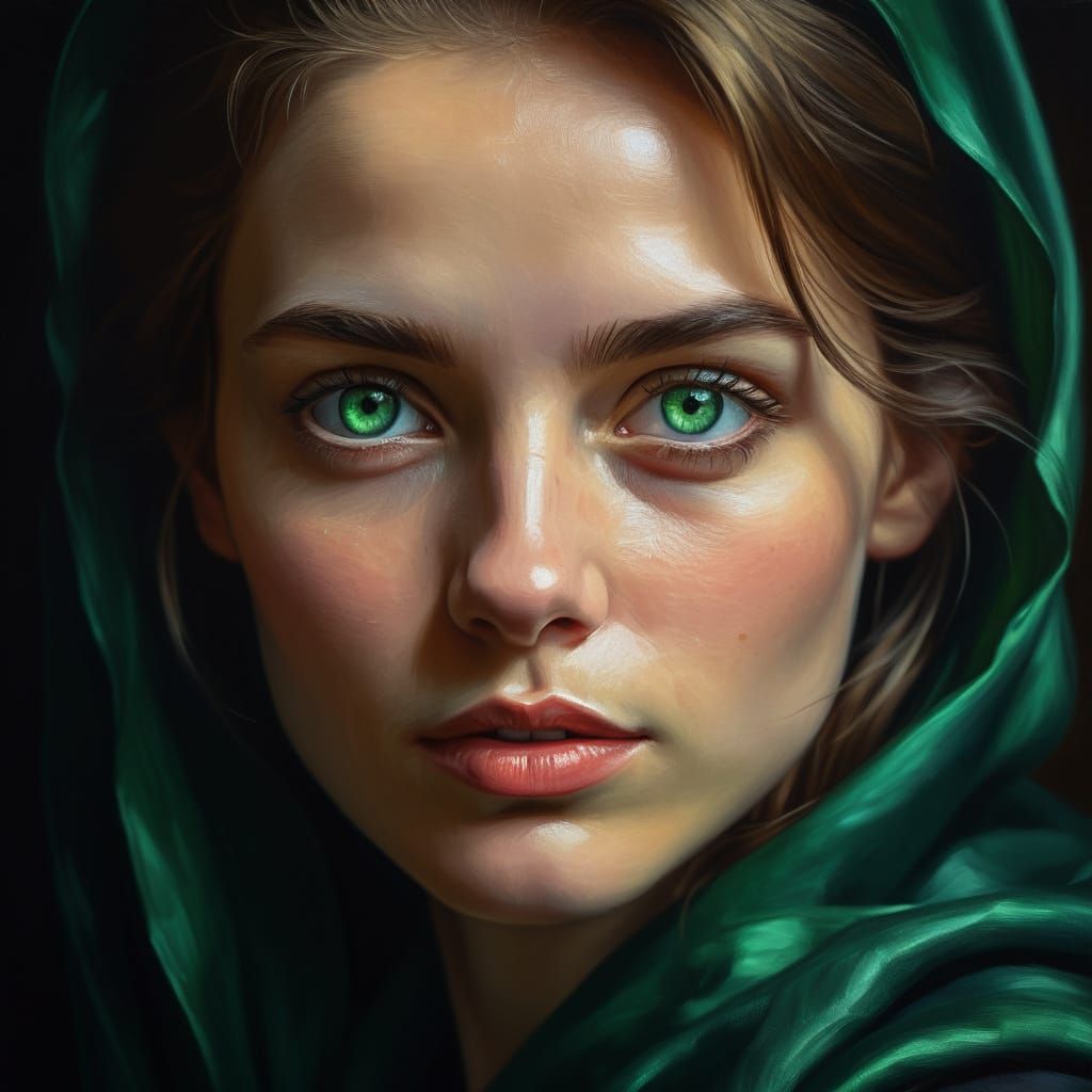 Emerald-Eyed Beauty in Chiaroscuro Oil Painting