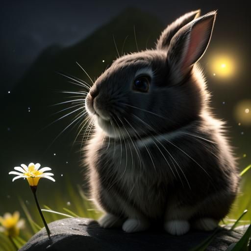 Adorable Black Amami Rabbit in Springtime Mountain Scene