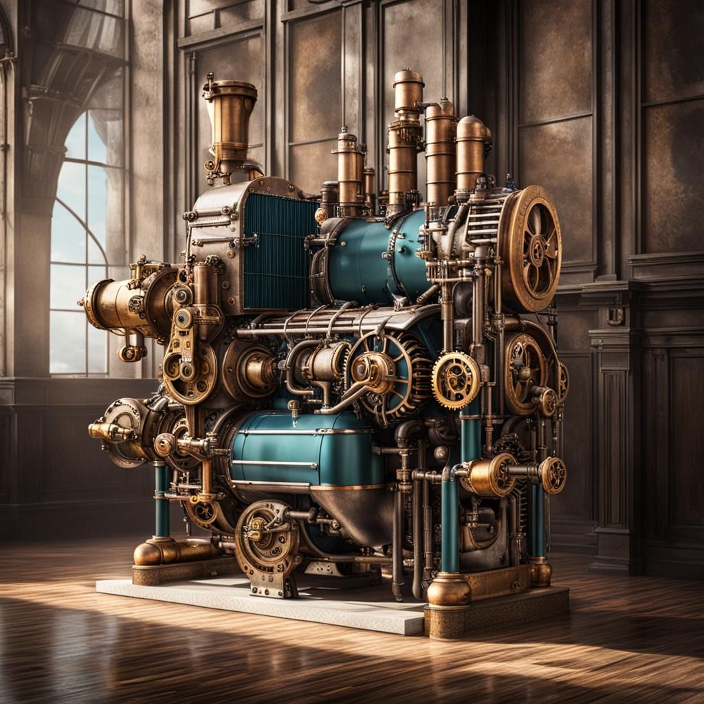 Detailed Steampunk Engine with Brass Components
