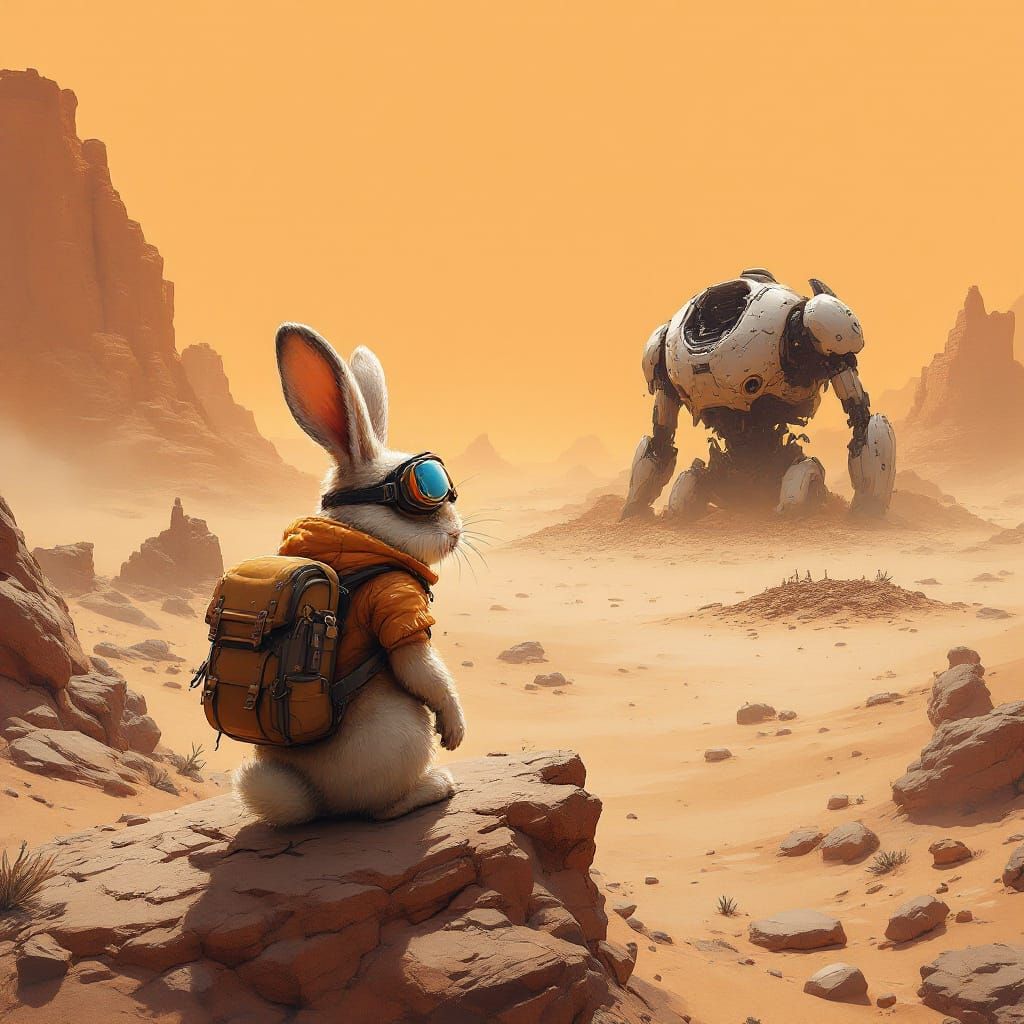 Rabbit Adventurer in Post-Apocalyptic Desert Landscape