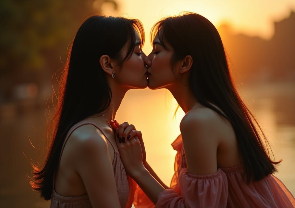 Korean and Chinese Women Kiss in Golden Hour