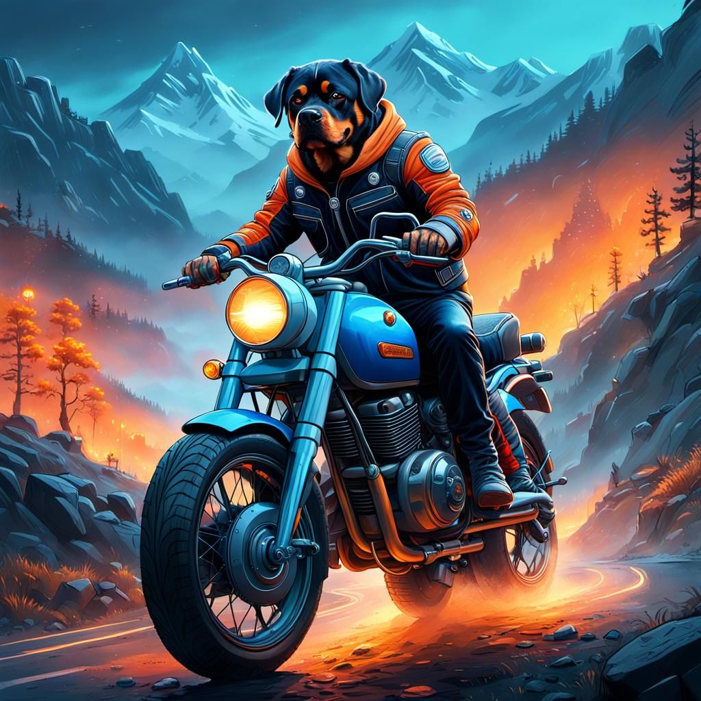 Motorcycle Rottweiler in Detailed Fantasy Concept Art