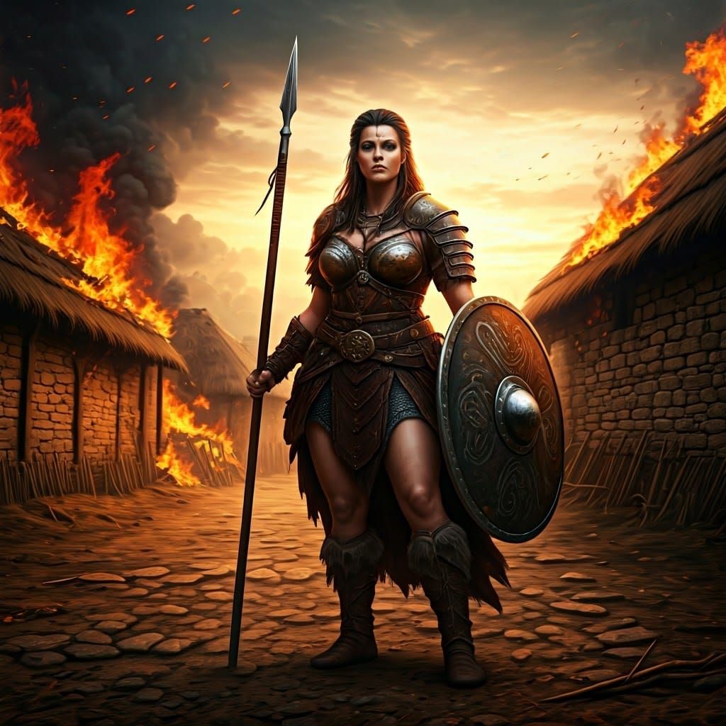 Heroic Female Warrior Defends Burning Village in Dazzling Cy...