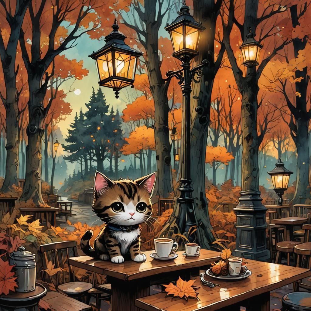 Chibi Cat Coffee Shop: Watercolour Ink Sketch