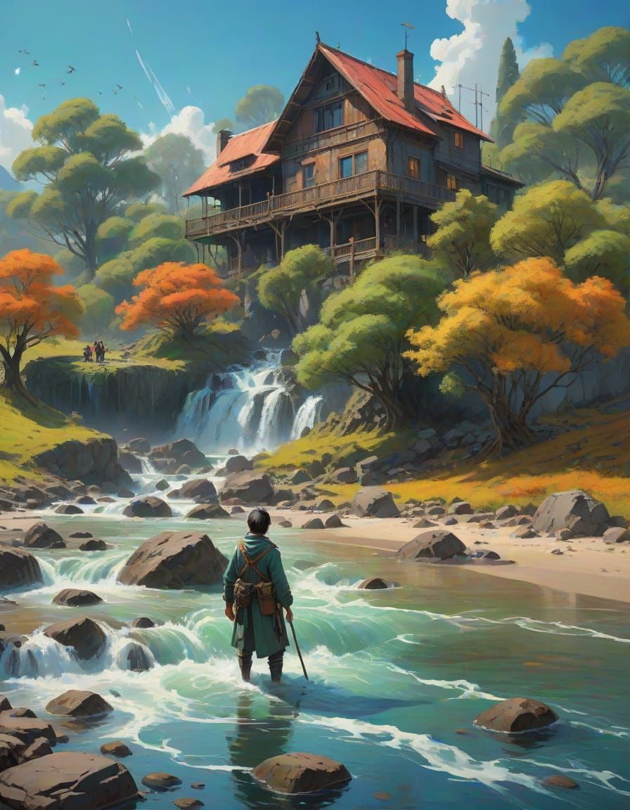 Epic Neo-Impressionist Oil Painting of a Fantastical River C...