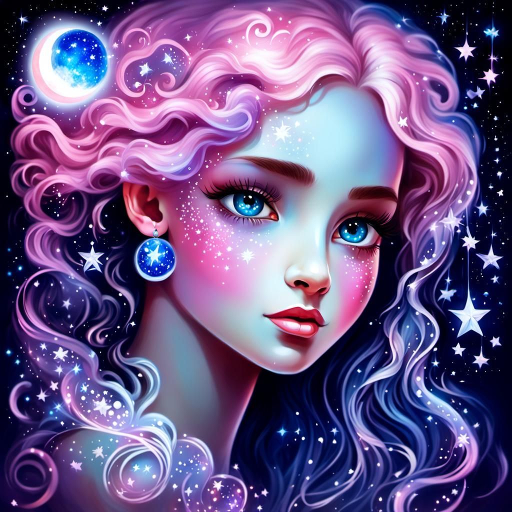 Pink-Haired Fairy Inside Crystal Apple, Digital Art