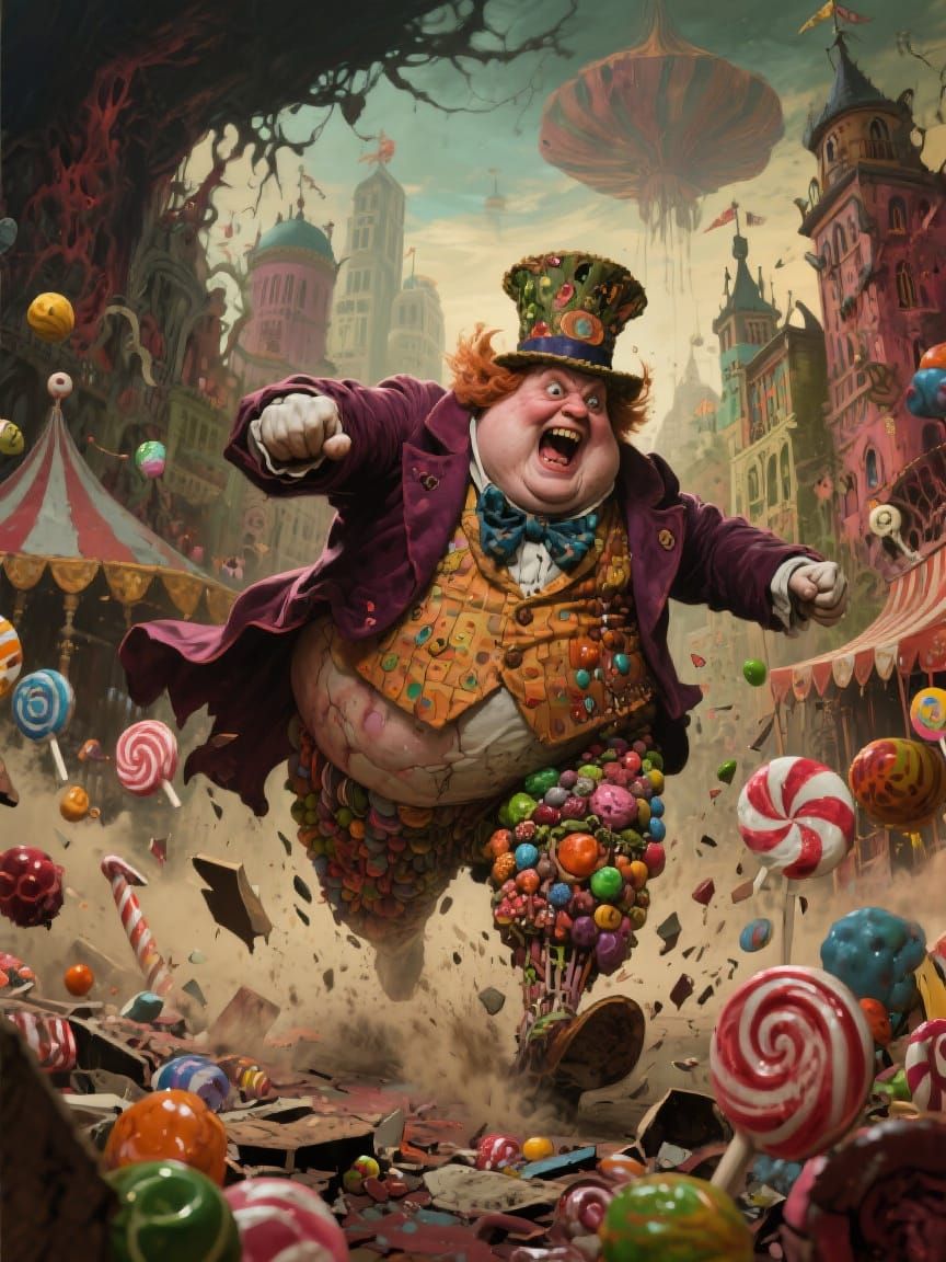 Obese Willy Wonka Rampage in Shattered Candy City