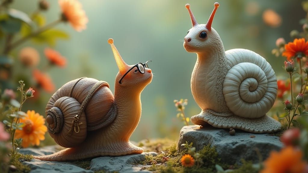 Snail Gazing at Marble Sculpture in Mystical Garden