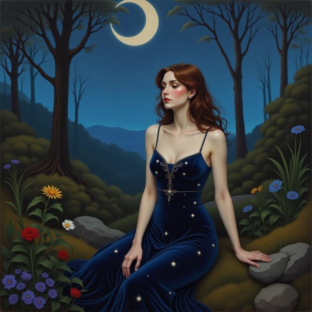 Woman in Velvet Dress with Art Nouveau Flair