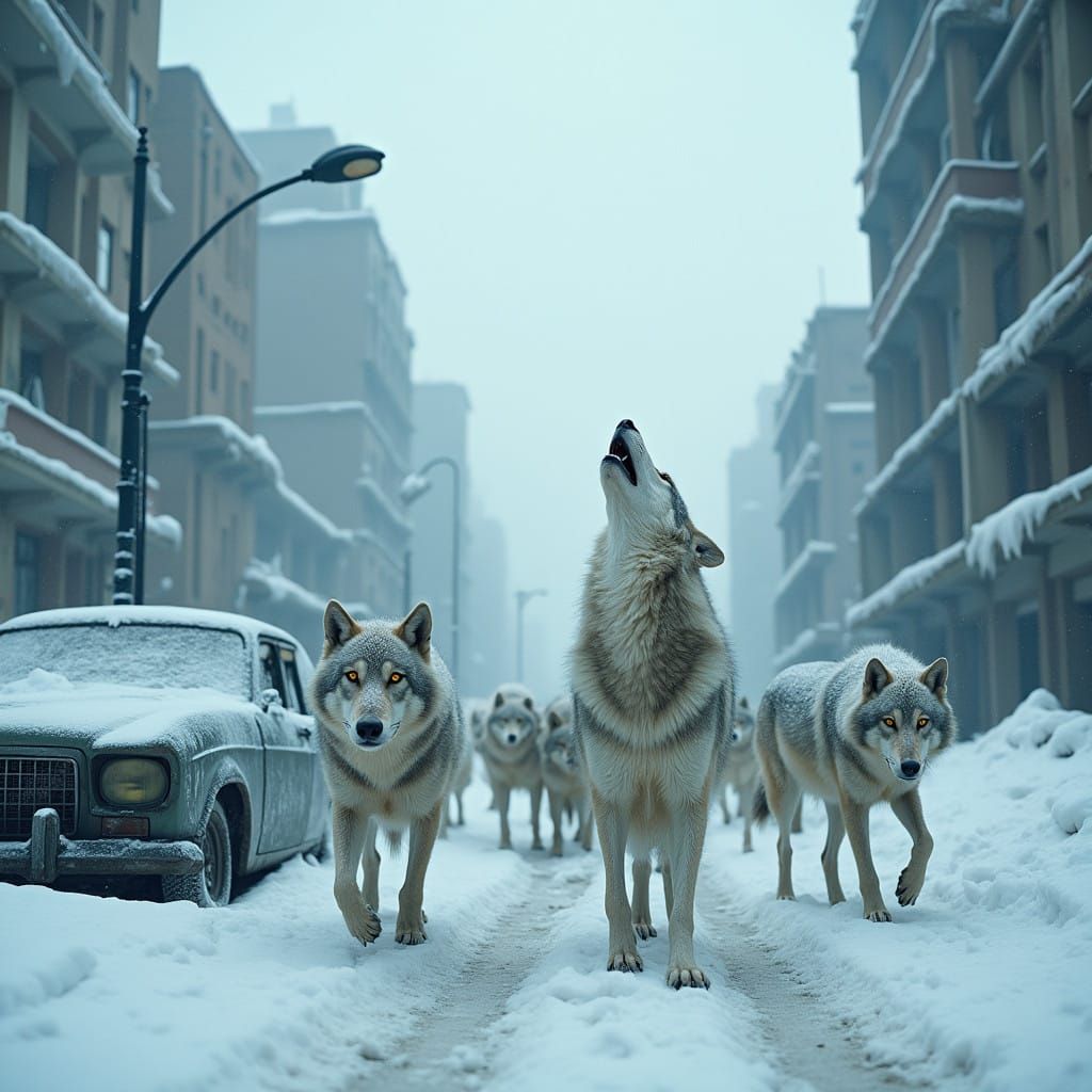 Wild Wolves Roam Abandoned Snowy Cityscape in Cyberpunk Aest...