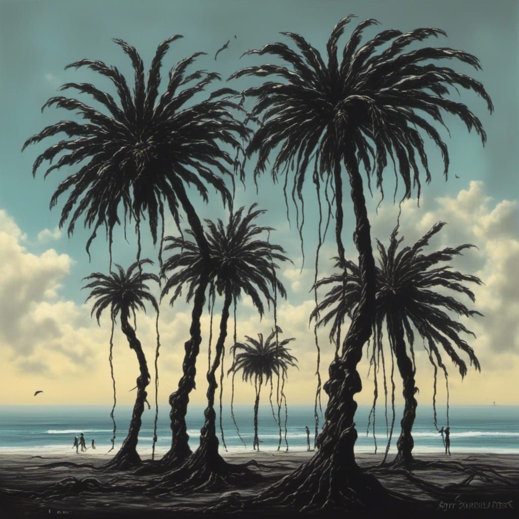 Surreal Palm Trees on Black Beach