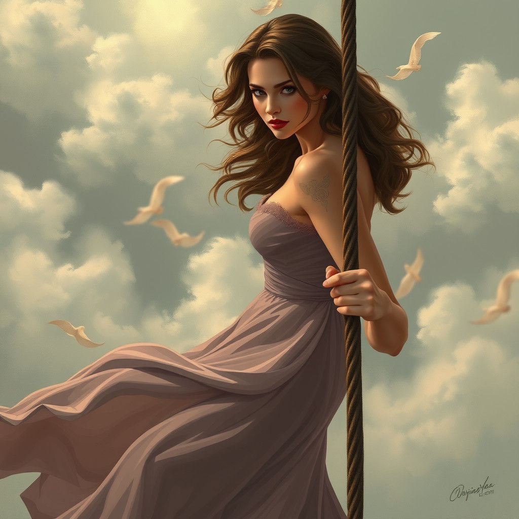 Ethereal Woman in Gown Holding Rope, Surreal Art