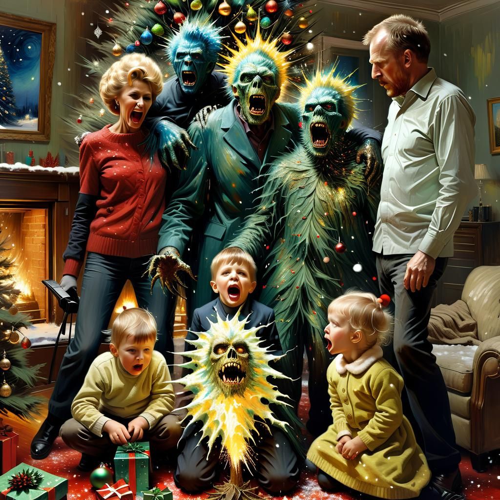 Surreal Christmas Tree Monster in Watercolor Style