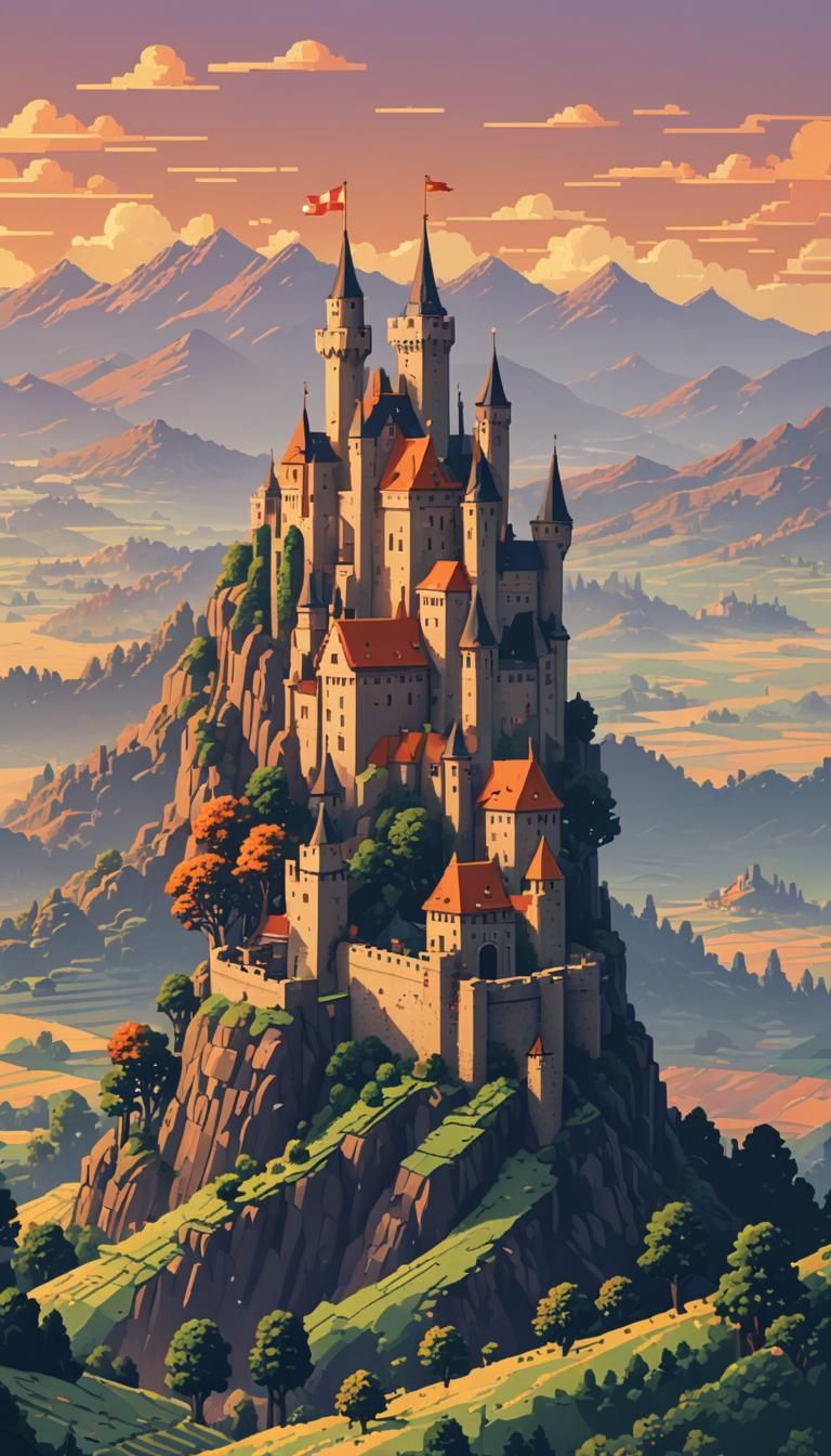 8-Bit Pixel Art Castle at Dusk