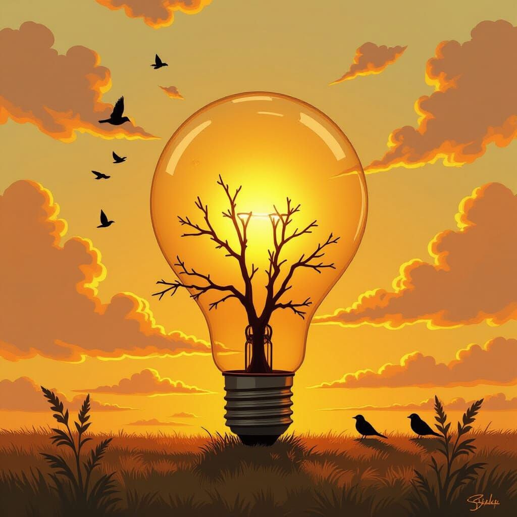 Sunset Scene Inside a Lightbulb, Digital Illustration