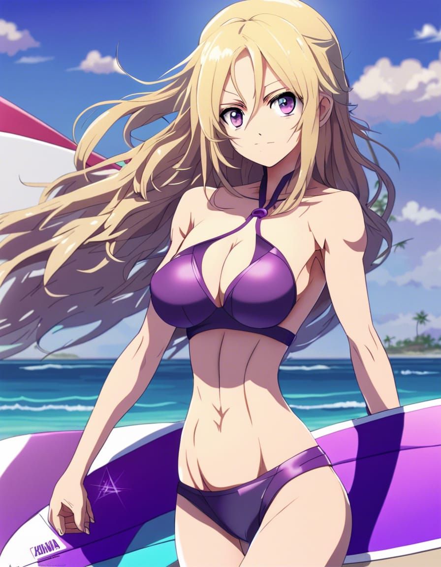 Anime Woman Surfing: Key Visual Beach Scene