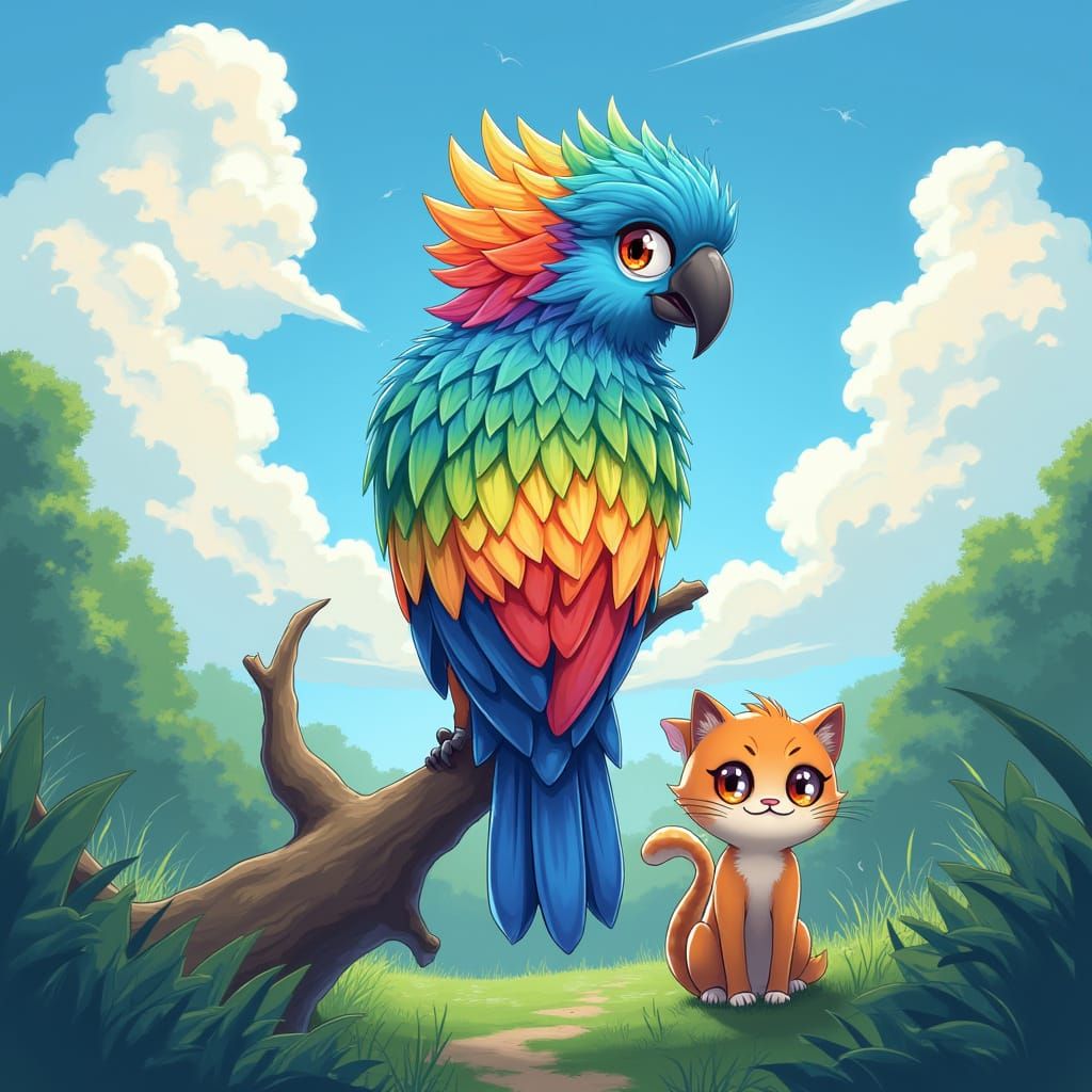 Vibrant Bird and Cheeky Cat Coexist in a Whimsical Outdoor S...