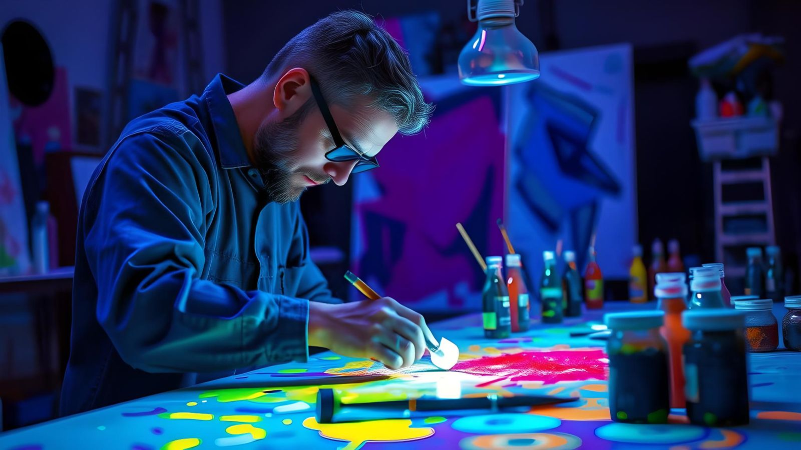 Holographic Painter Prepares Studio: Fluorescent Acrylic Art