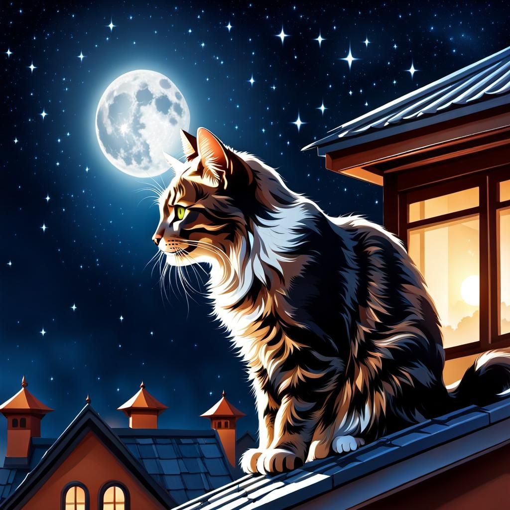 Gothic Cat on Roof Under Starry Night