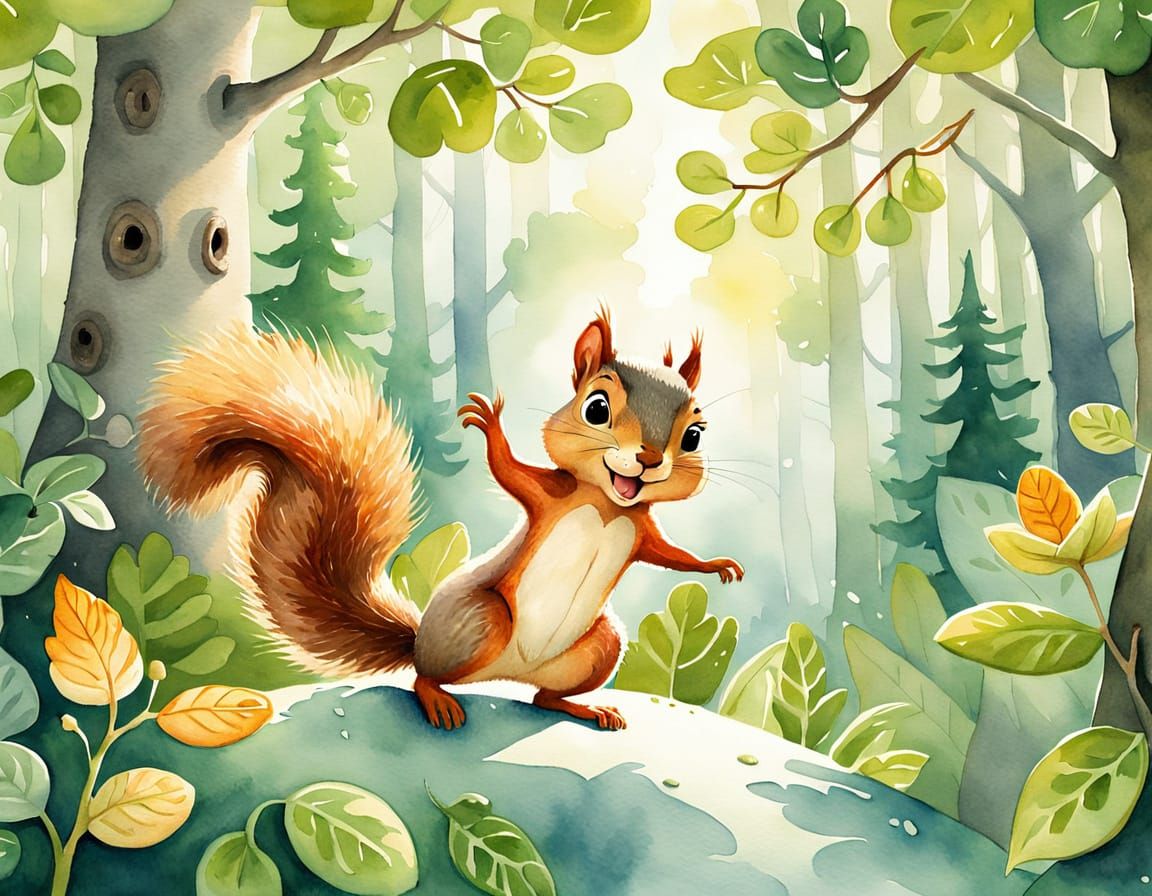 Squirrel and Frog Play in Forest, Watercolor Style