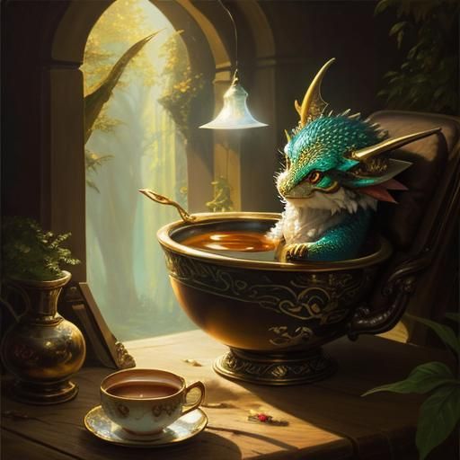 Cute Dragon Relaxing in Teacup: Oil Painting