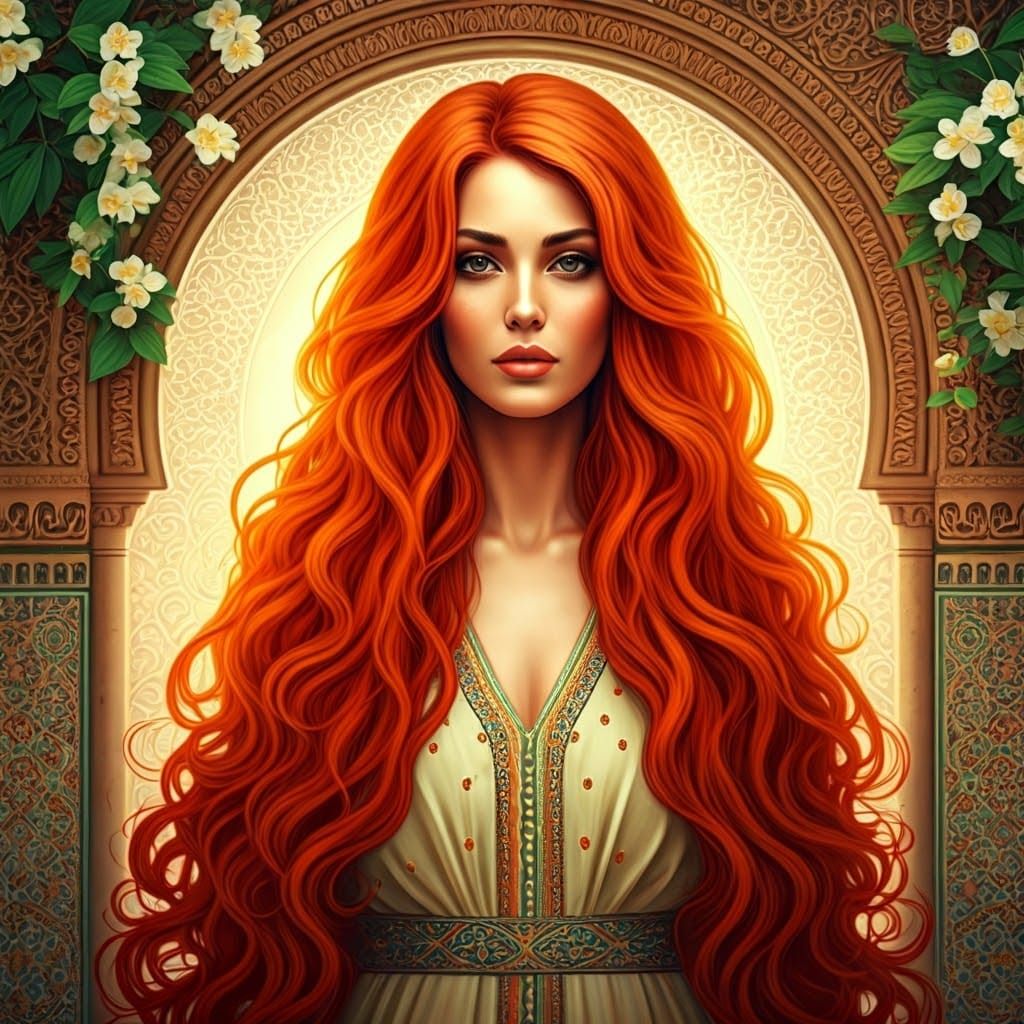 Ethereal Art Nouveau Goddess with Cascading Red Hair