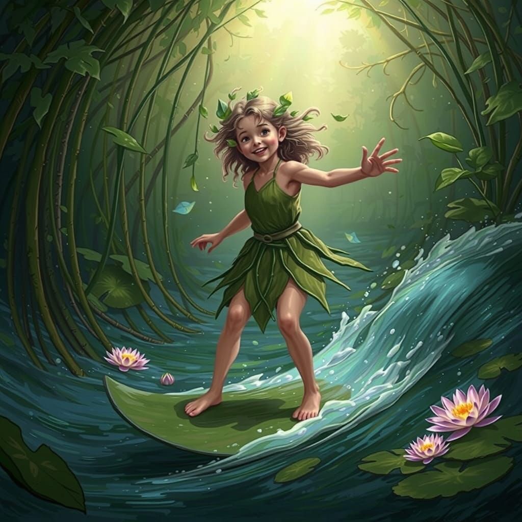 Mystical Water Sprite Rides the Emerald Wave