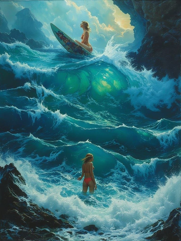 Surreal Twilight Beach Pentaptych with Surfers and Swimmers