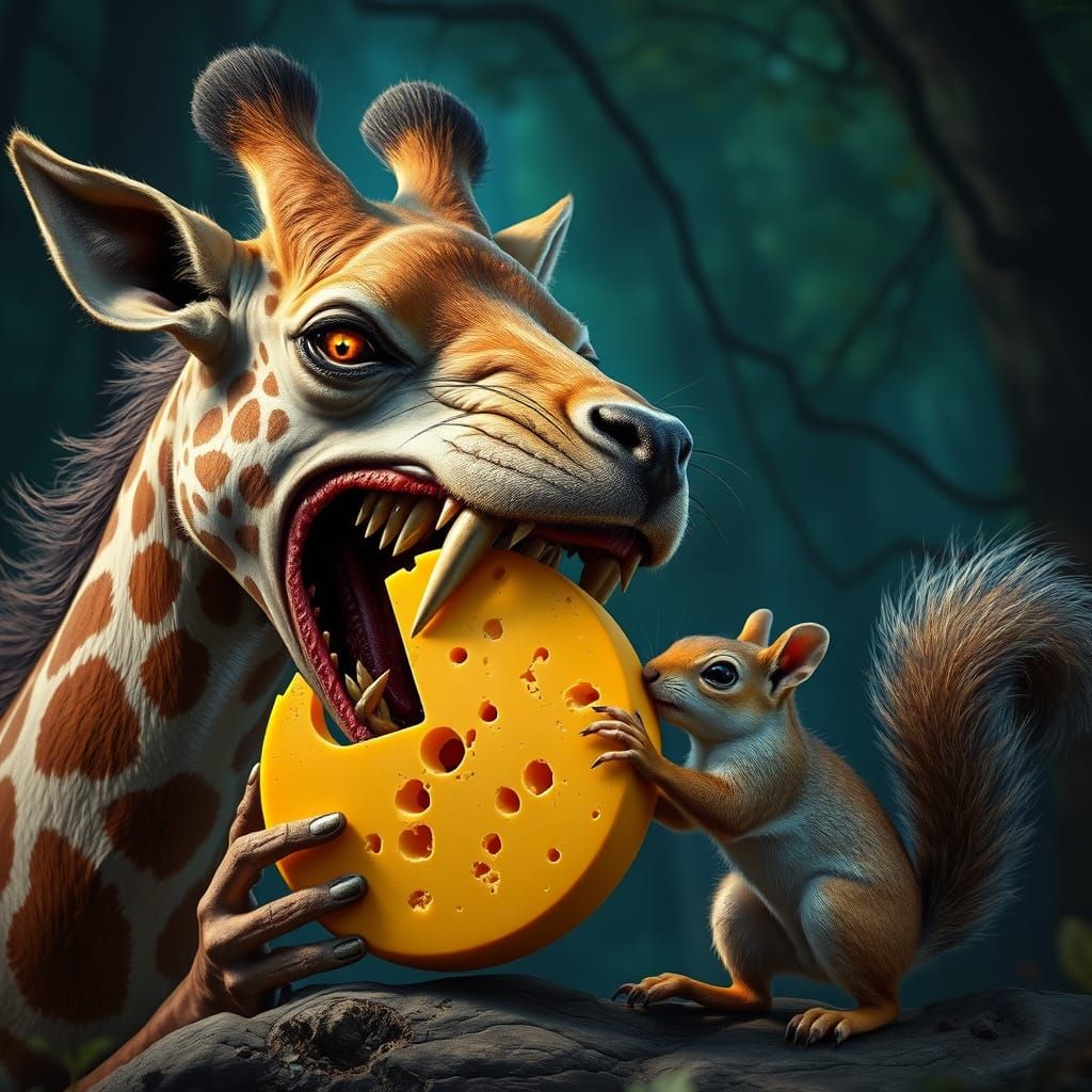 Fierce Dog-Giraffe Hybrid Attacks Squirrel Defending with Pu...