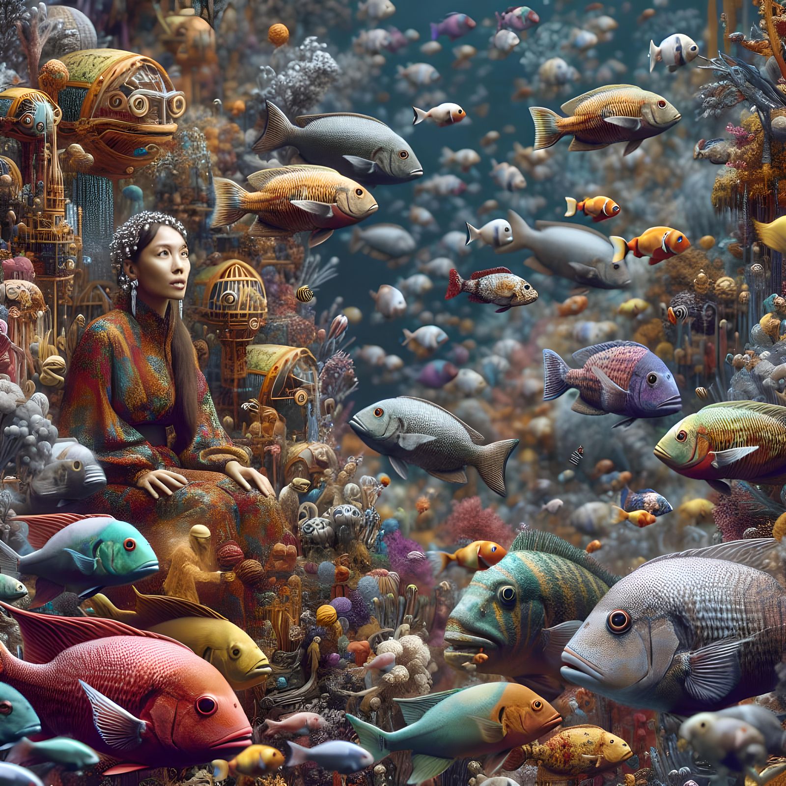 Underwater Dreamscape with Colorful Fish and Woman