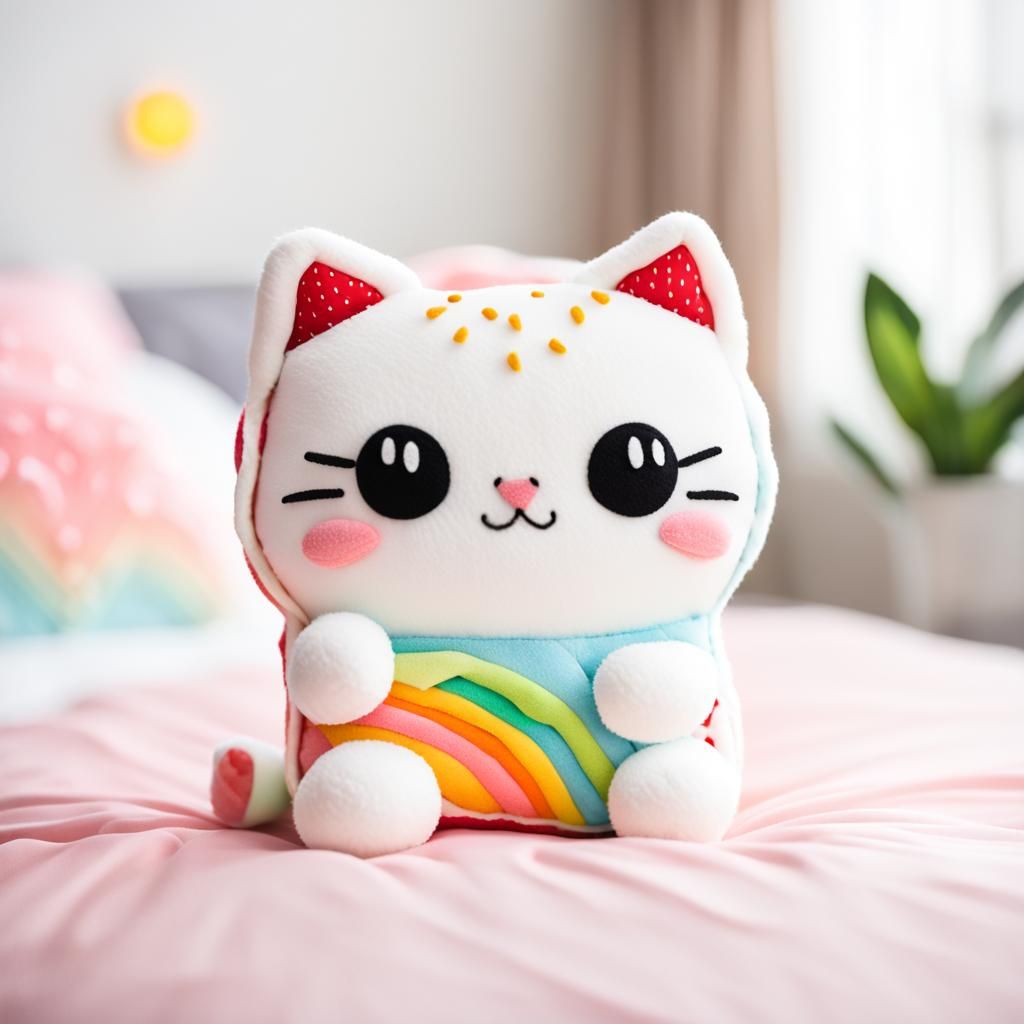 Strawberry Pop Tart Cat Plushie on Bed