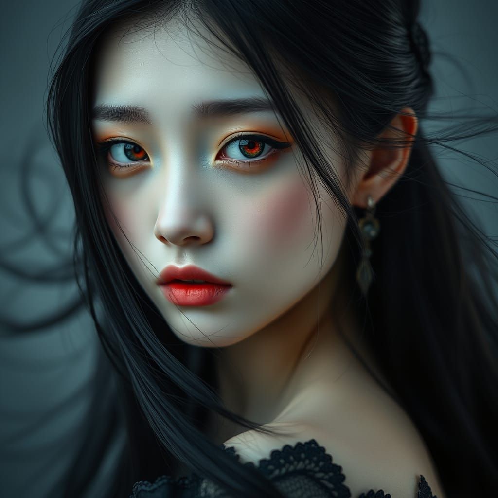Gothic Portrait of Pale Girl with Flowing Black Hair
